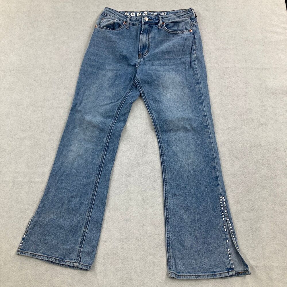 S.O.N.G. Women's Light Wash Slim Flare Jeans Size 9/29 Rhinestone Slit Hem